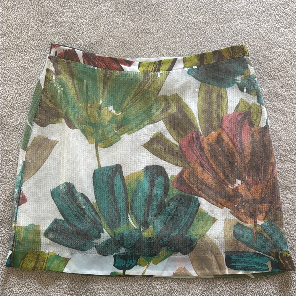 Kenneth Cole Floral Sequin Mini Skirt in White, Teal, Green, Brown